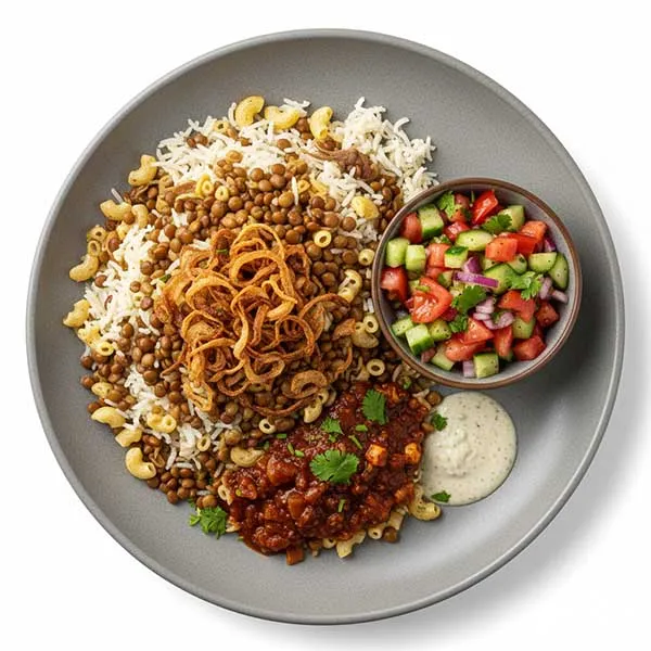 Egyptian lentil and chickpea koshari with tomato cucumber salad